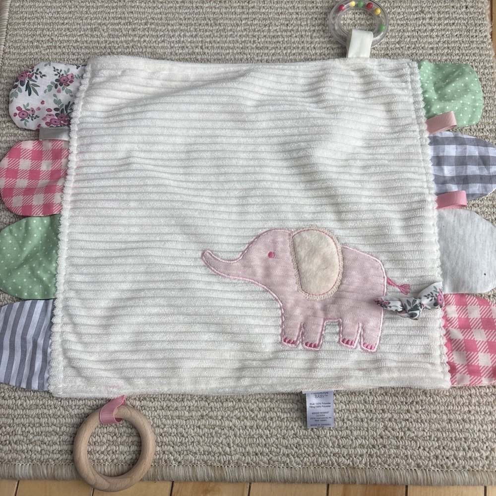 Modern Baby Lovey Plush Elephant Pink Flowers Teether Rattle